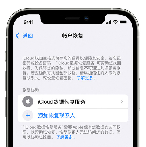 肥东苹果手机维修分享在 iPhone 上设置帐户恢复联系人的方法 