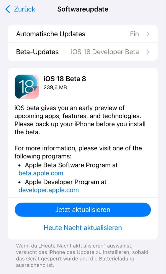 肥东苹果手机维修分享苹果 iOS / iPadOS 18 开发者预览版 Beta 8 发布 